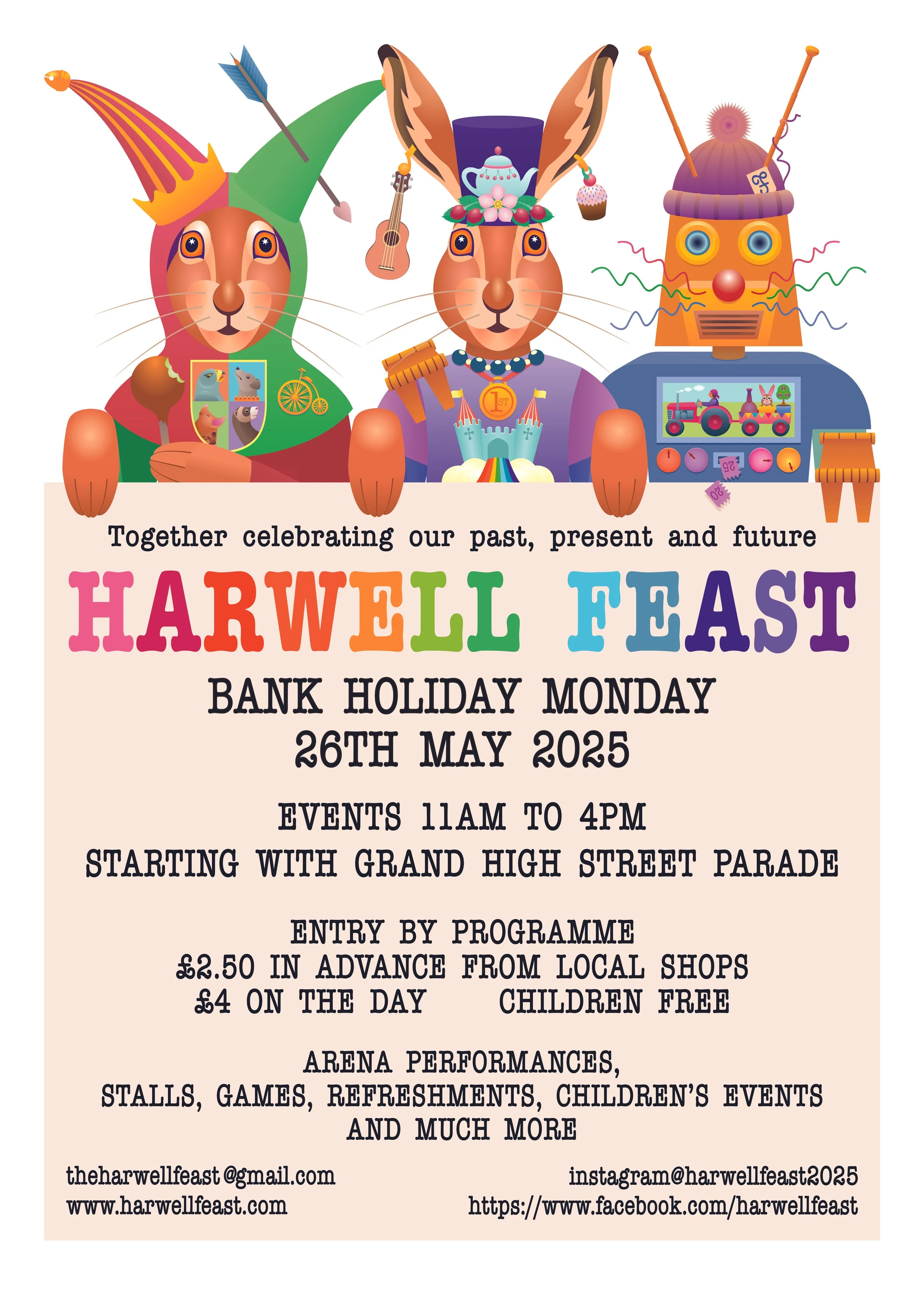 Colorful poster for Harwell Feast, a community event featuring animal characters dressed in costumes, with a lion, rabbit, and robot, and event details including date, time, and activities.