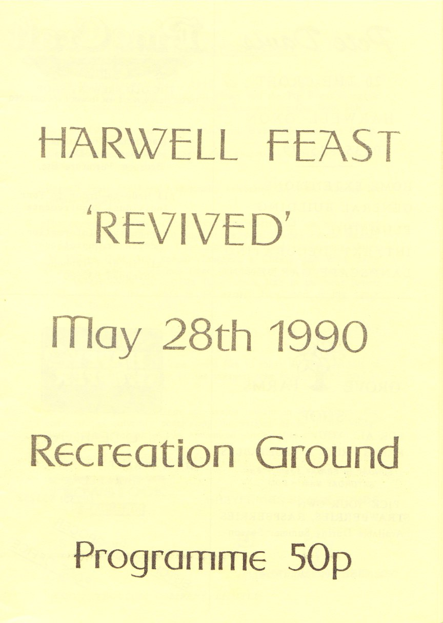 A yellow flyer for a Harwell feast event, titled 'Revived,' held on May 28th, 1990, at the Recreation Ground, with a program cost of 50 pence.