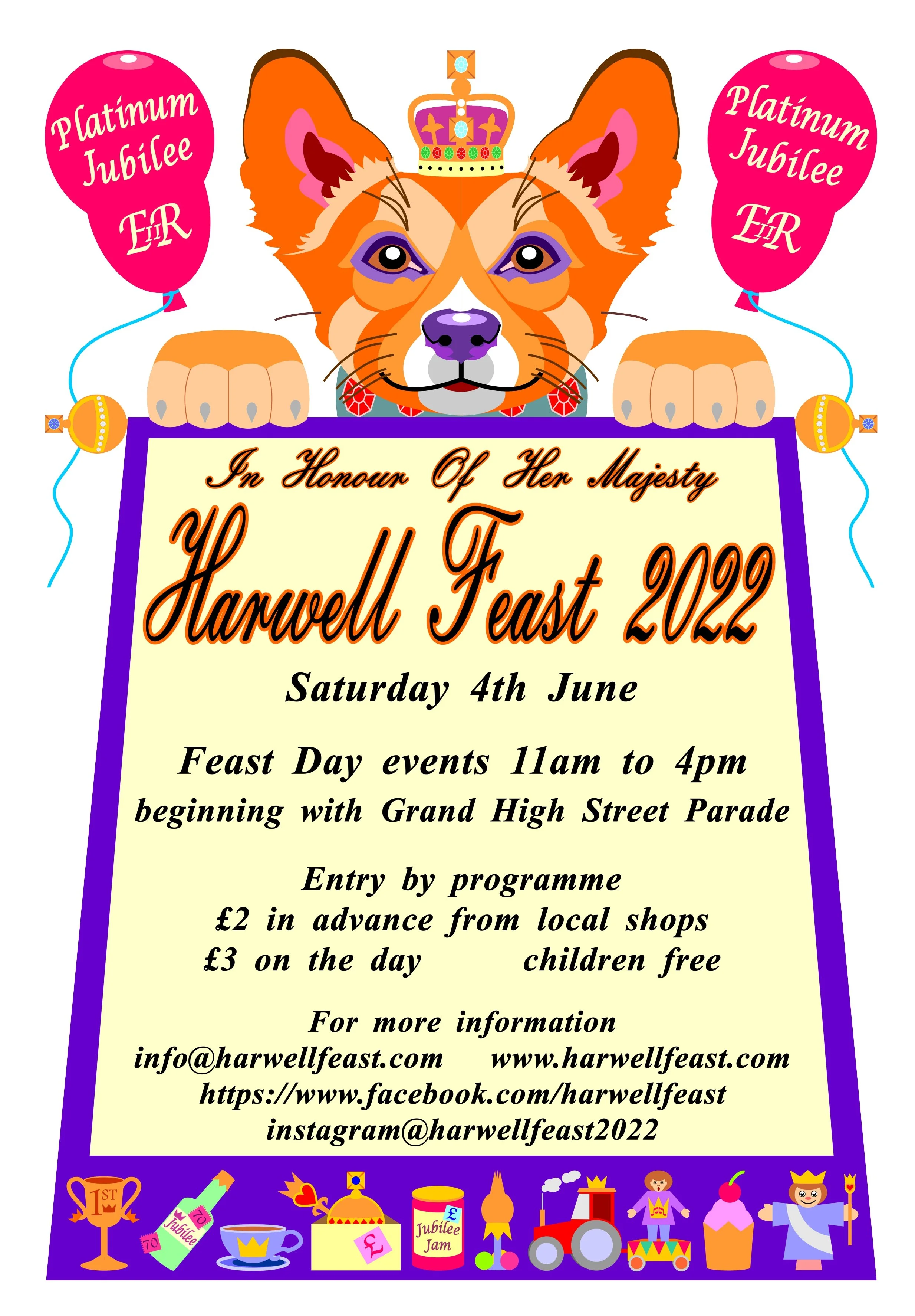A festive celebration poster with a cartoon dog wearing a crown, holding a sign for Harwell Feast 2022. The poster features pink balloons with 'Platinum Jubilee EIR', a purple border, and colorful decorative icons at the bottom including a trophy, bo