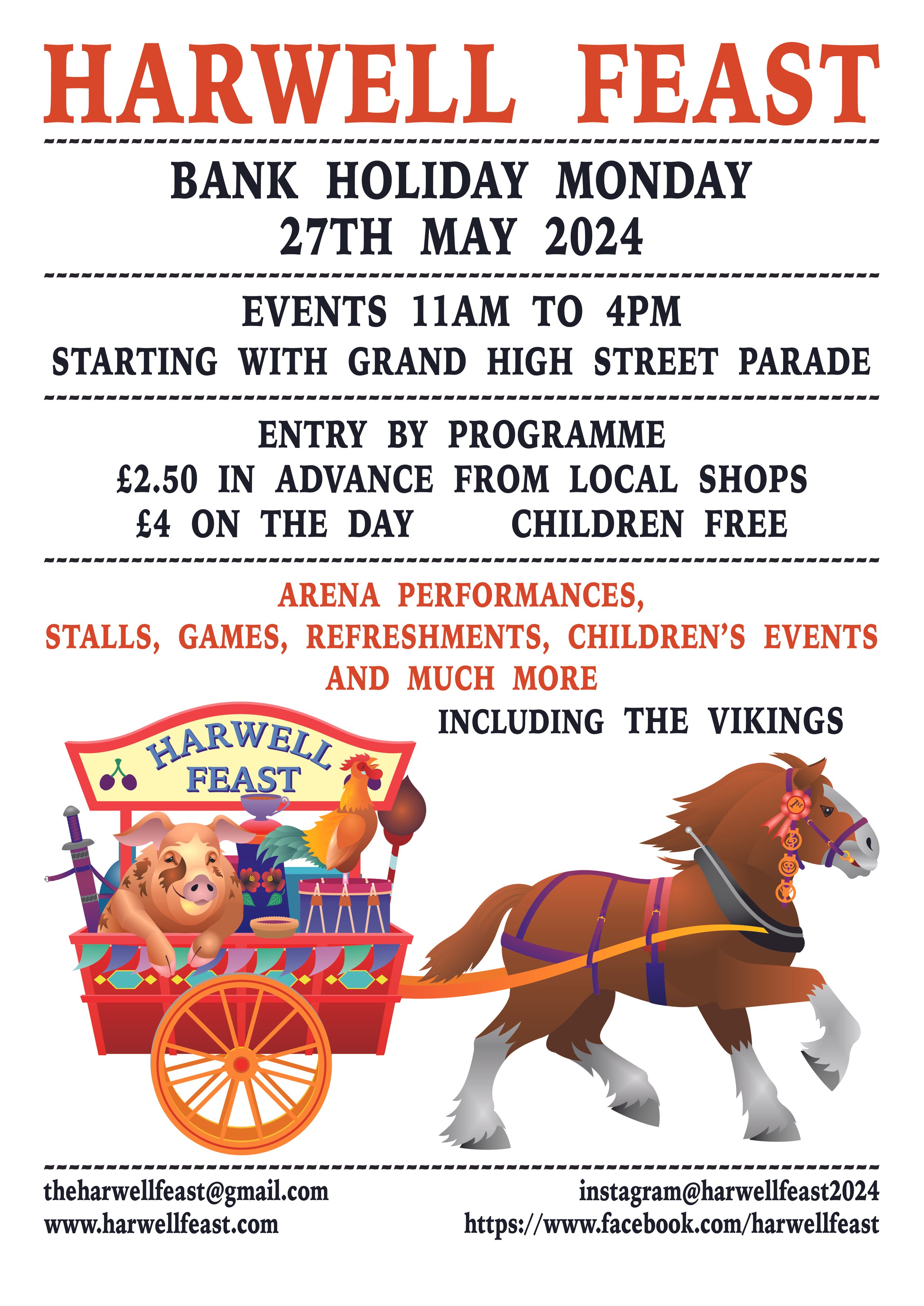 Flyer for Harwell Feast event on bank holiday Monday, May 27, 2024, from 11 am to 4 pm, with a parade, arena performances, stalls, games, refreshments, and children’s events, featuring a cartoon pig and a Viking on a horse.