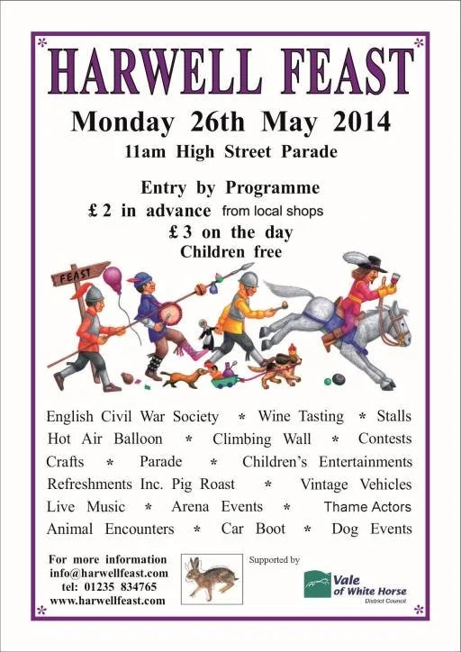 Poster for the Harwell Feast on Monday, May 26th, 2014, at 11 am during the High Street Parade. Entry by programme costs £2 in advance and £3 on the day, with children free. Features include English Civil War Society, wine tasting, stalls, hot air ba