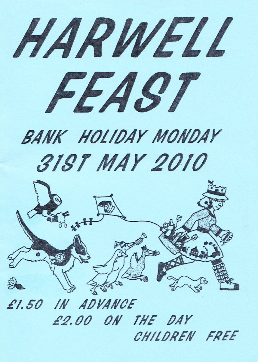 Flyer for Harwell Feast, a bank holiday event on Monday, 31st May 2010. Includes an illustration of a person in a medieval costume with a crown, dogs, and birds.