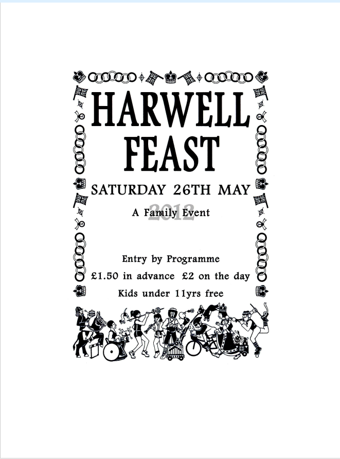 Flyer for Harwell Feast, a family event on Saturday, May 26th, 2018 with musical band illustrations and event details.