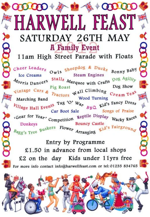 Poster for Harwell Feast family event on Saturday, May 26th, featuring parade, floats, and various activities like cheerleading, steam engines, dog agility, vintage cars, pet displays, and live entertainment with illustrated children and animals.