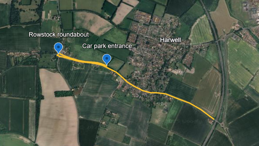 Satellite map showing a route from the Car Park Entrance to the Rowstock Roundabout in Harwell, with surrounding fields and town.