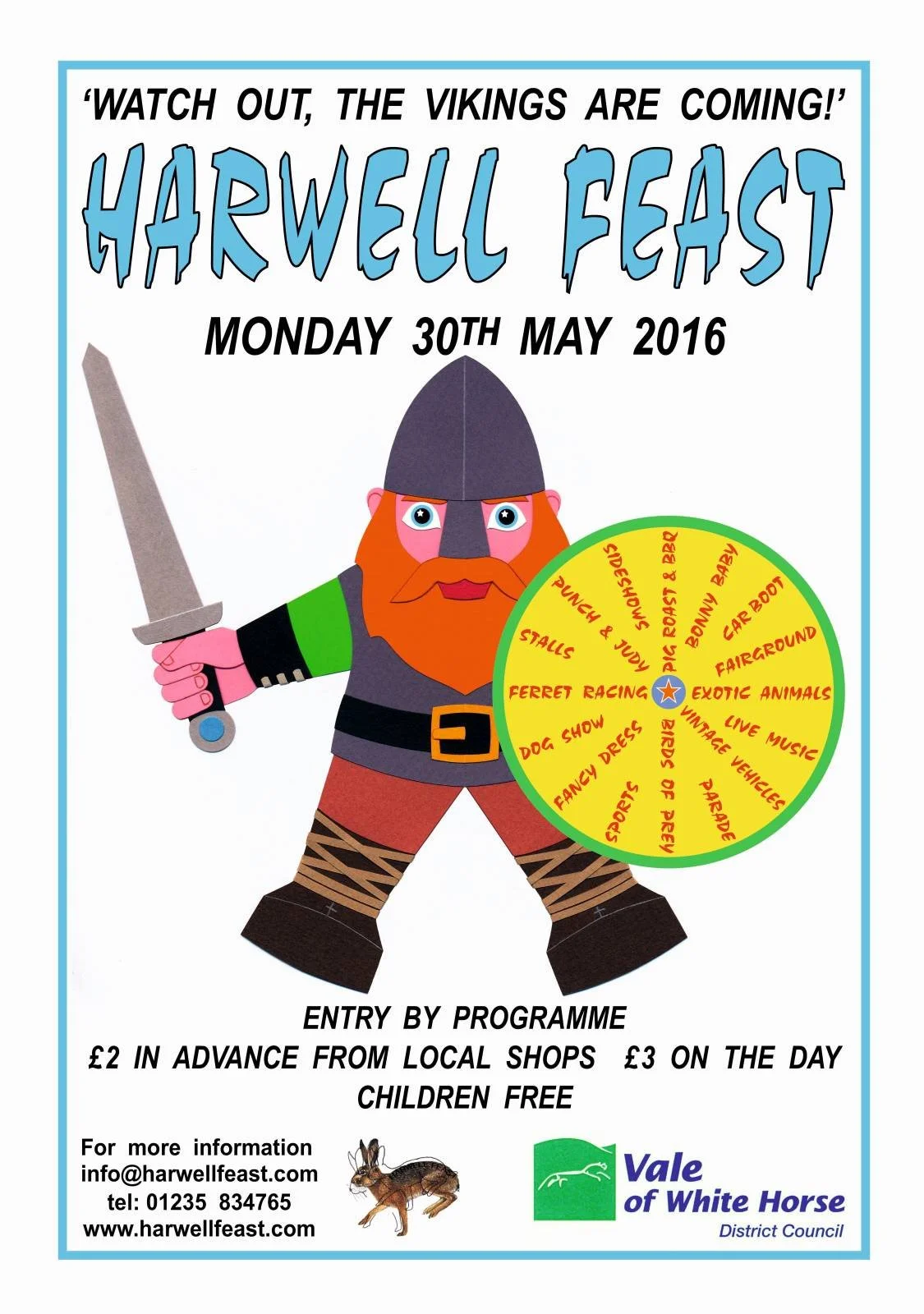 Colorful poster advertising Harwell Feast event on May 30, 2016, featuring a cartoon Viking with a sword, a yellow circle with event activities, and logos for Vale of White Horse District Council.
