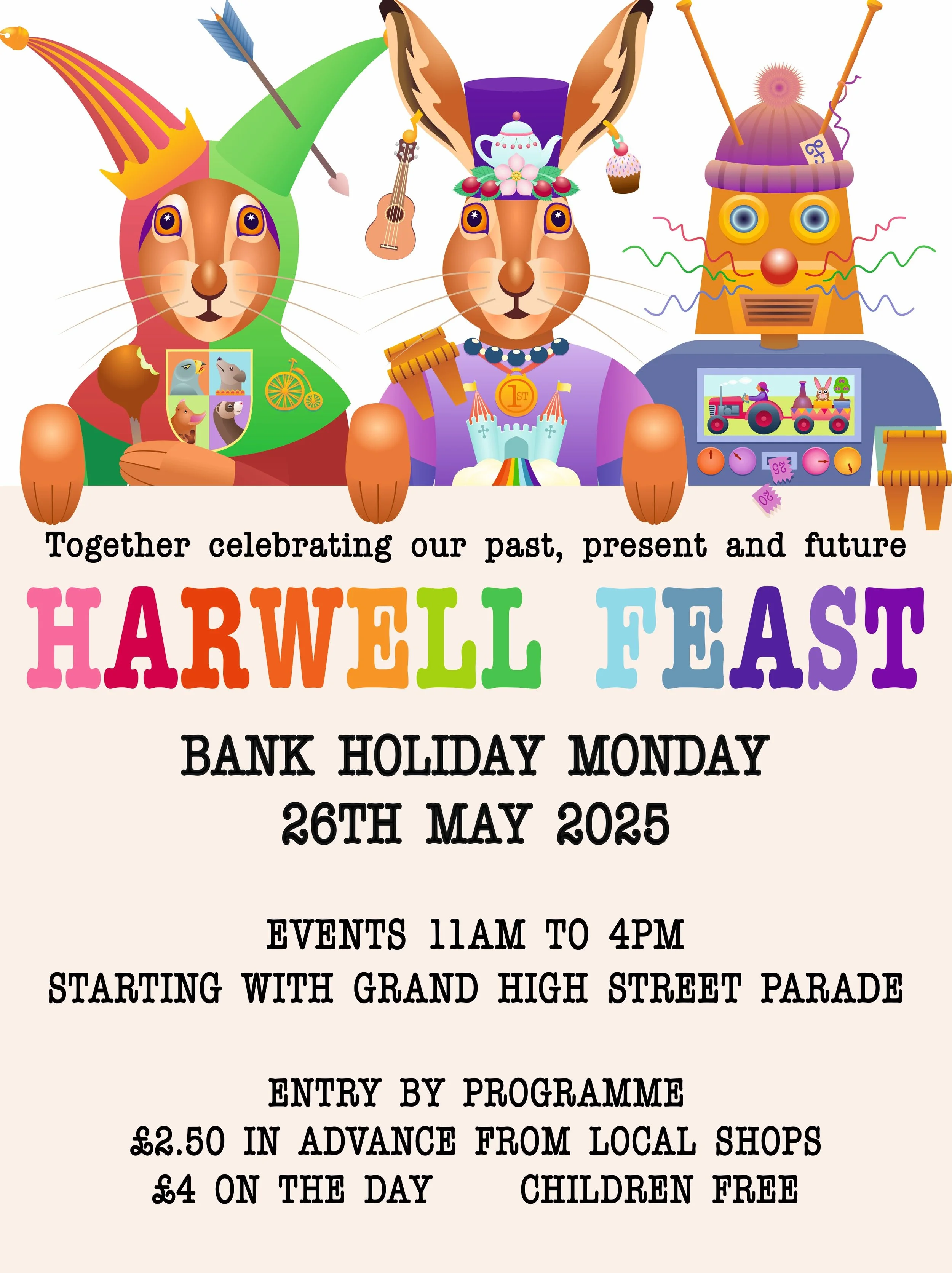 Colorful flyer advertising the Harwell Feast event on May 26, 2025, celebrating past, present, and future with cartoon animals dressed in festive costumes. The flyer features a rabbit in a jester hat, a rabbit with a teapot and tea set on its head, a