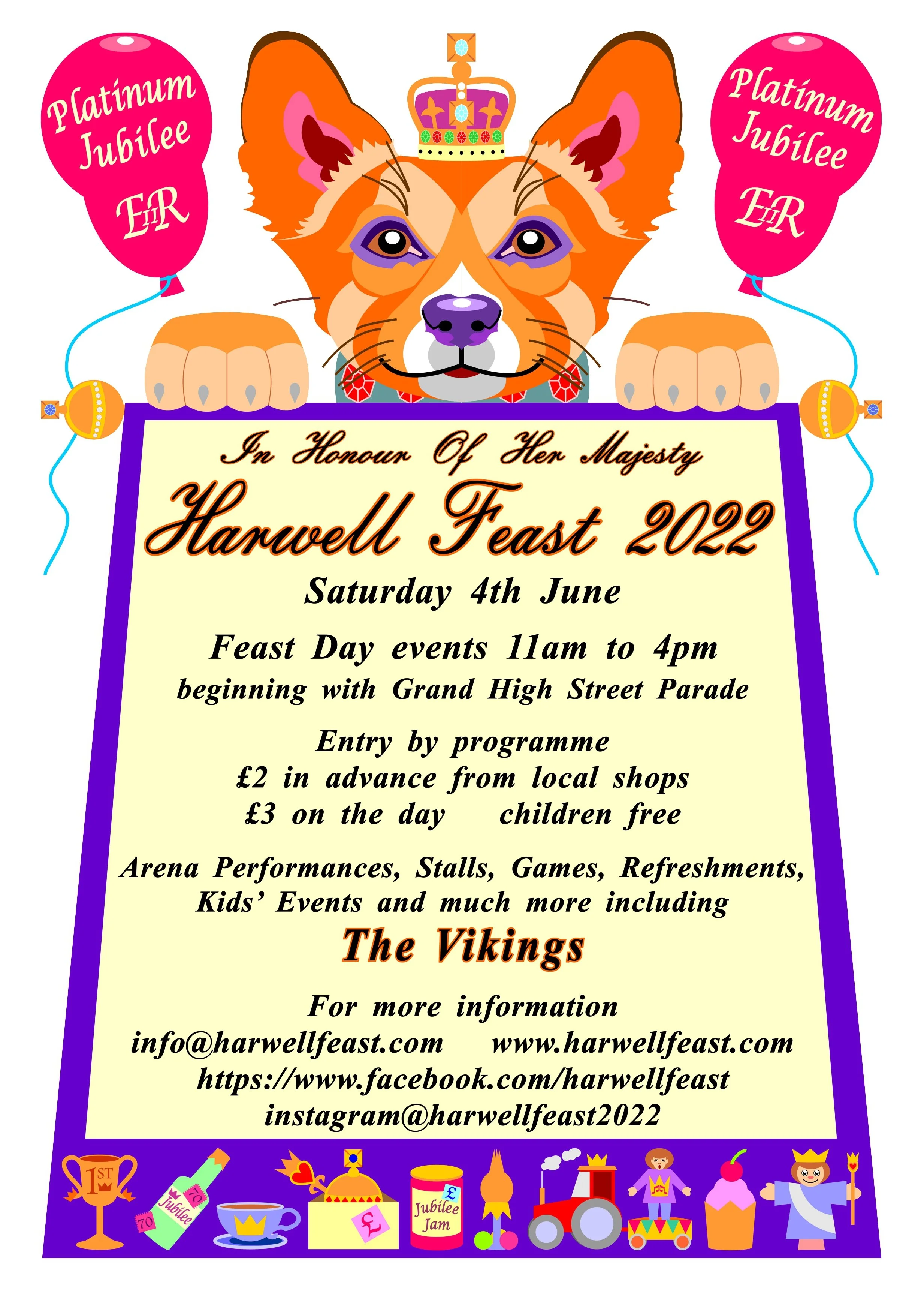 Invitation poster for Harwell Feast 2022 featuring a cartoon dog with a crown at the top, holding a sign with event details, surrounded by balloons and colorful icons of trophies, cupcakes, and characters.