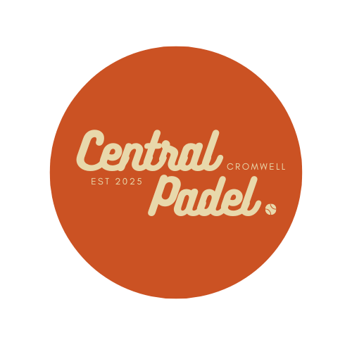 Logo for Central Padel Cromwell, established in 2025, featuring a large orange circle with white cursive text.