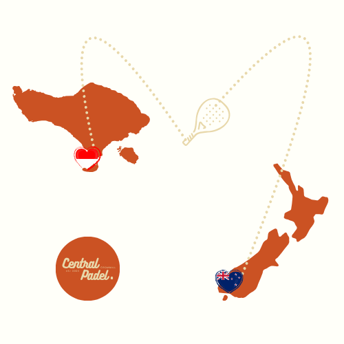 Illustration of a padel racket, with an outline of Bali and New Zealand. The Bali map has an indonesian flag outlined in a heart and the new zealand map has a new zealand flat outlined in a heart. Dotted lines connect the bat to both countries.