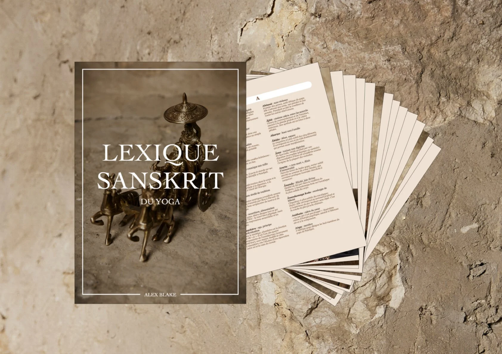 Couverture d'un livre intitulé "Lexique Sanskrit du Yoga" posé sur une surface en pierre, avec plusieurs pages ouvertes à côté.