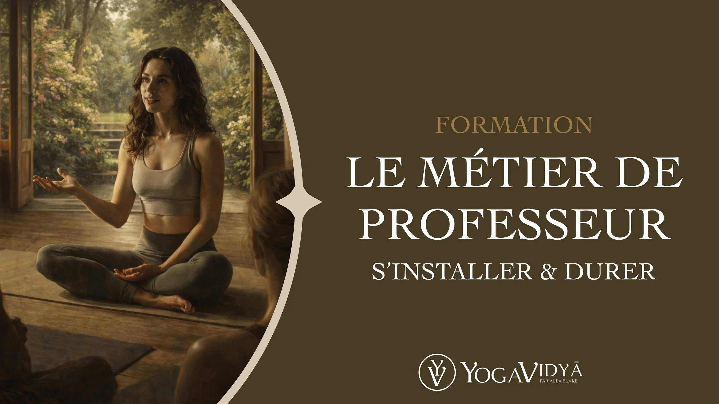 Une femme assise en position de yoga dans un studio, avec des étudiants qui l'écoutent, publicité pour une formation de professeur de yoga.