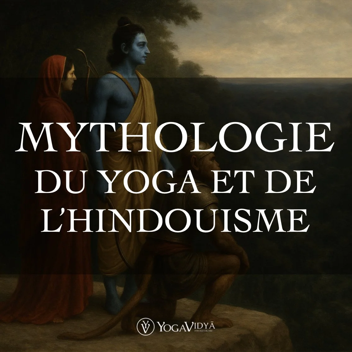 Une œuvre d'art représentant des figures mythologiques et une page de texte avec le titre "Mythologie du Yoga et de l'Hindouisme" et le logo YogaVidya. Alex Blake Yoga