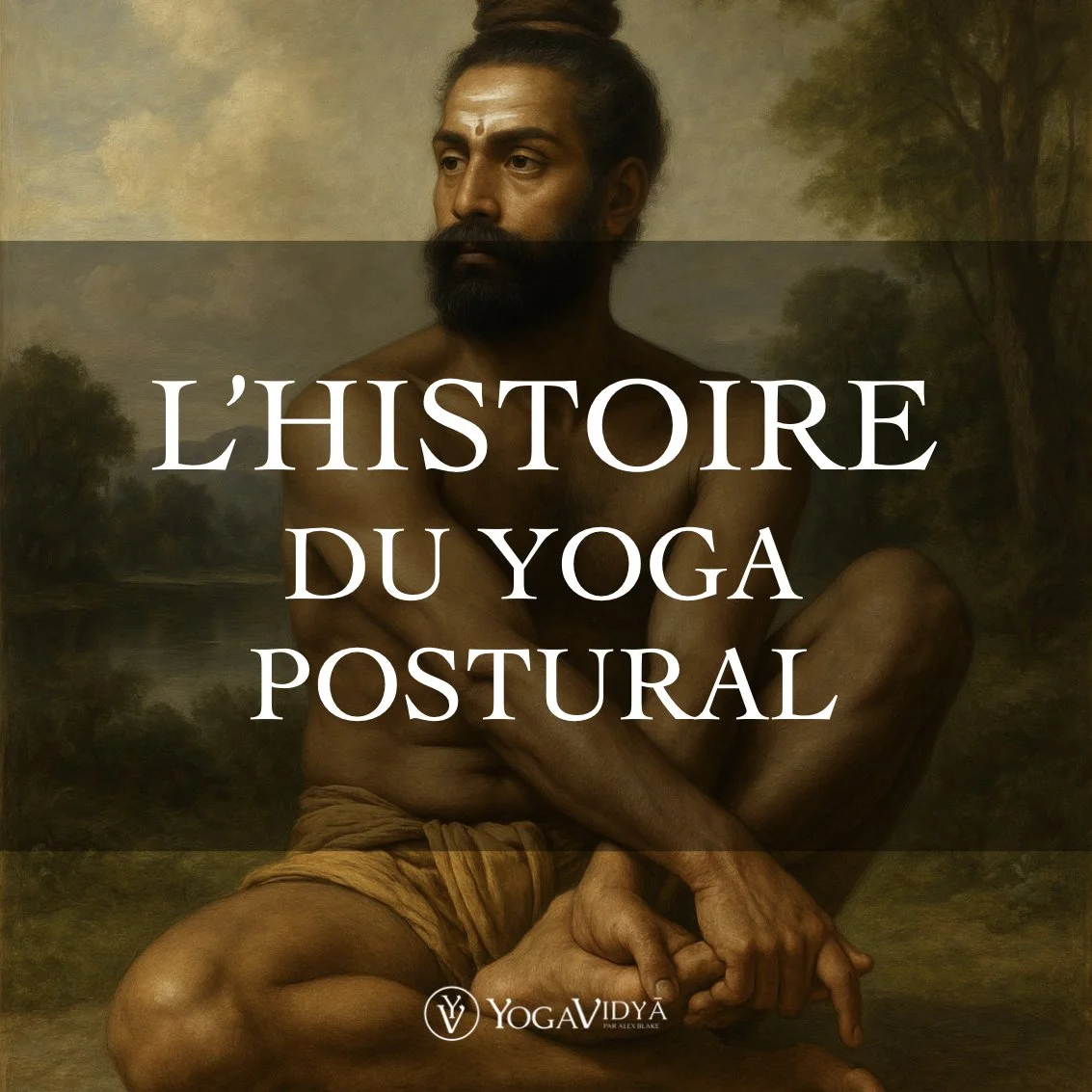 Une peinture représentant un homme indien assis en position de méditation, dans un paysage naturel avec des arbres et un plan d'eau. Alex Blake Yoga - Cours sur l'histoire des postures de yoga