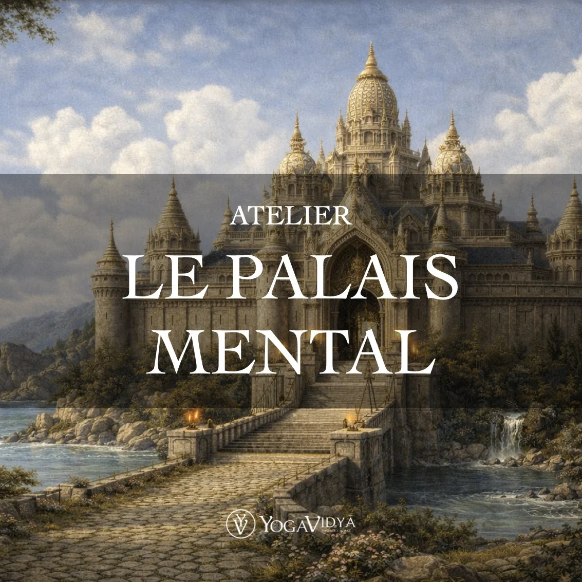 Une vieille forteresse ou un château sur une côte rocheuse avec un chemin menant à l'entrée, avec un ciel nuageux en arrière-plan. Alex Blake Yoga - Meditation - Le Palais Mental