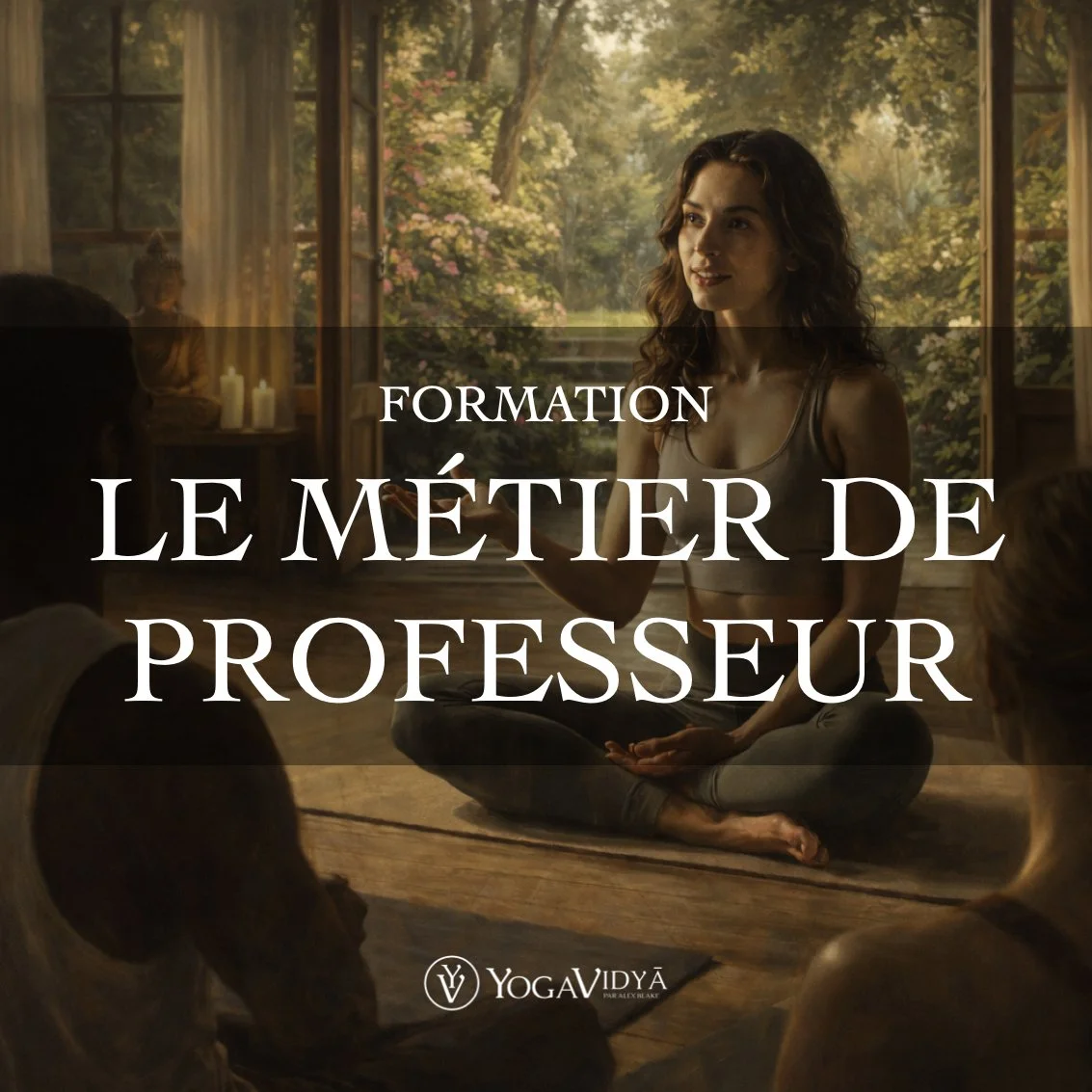 Une femme donnant une séance de yoga ou de méditation à un groupe dans une pièce lumineuse avec vue sur la nature, public féminin, ambiance relaxante. Alex Blake Yoga - formation