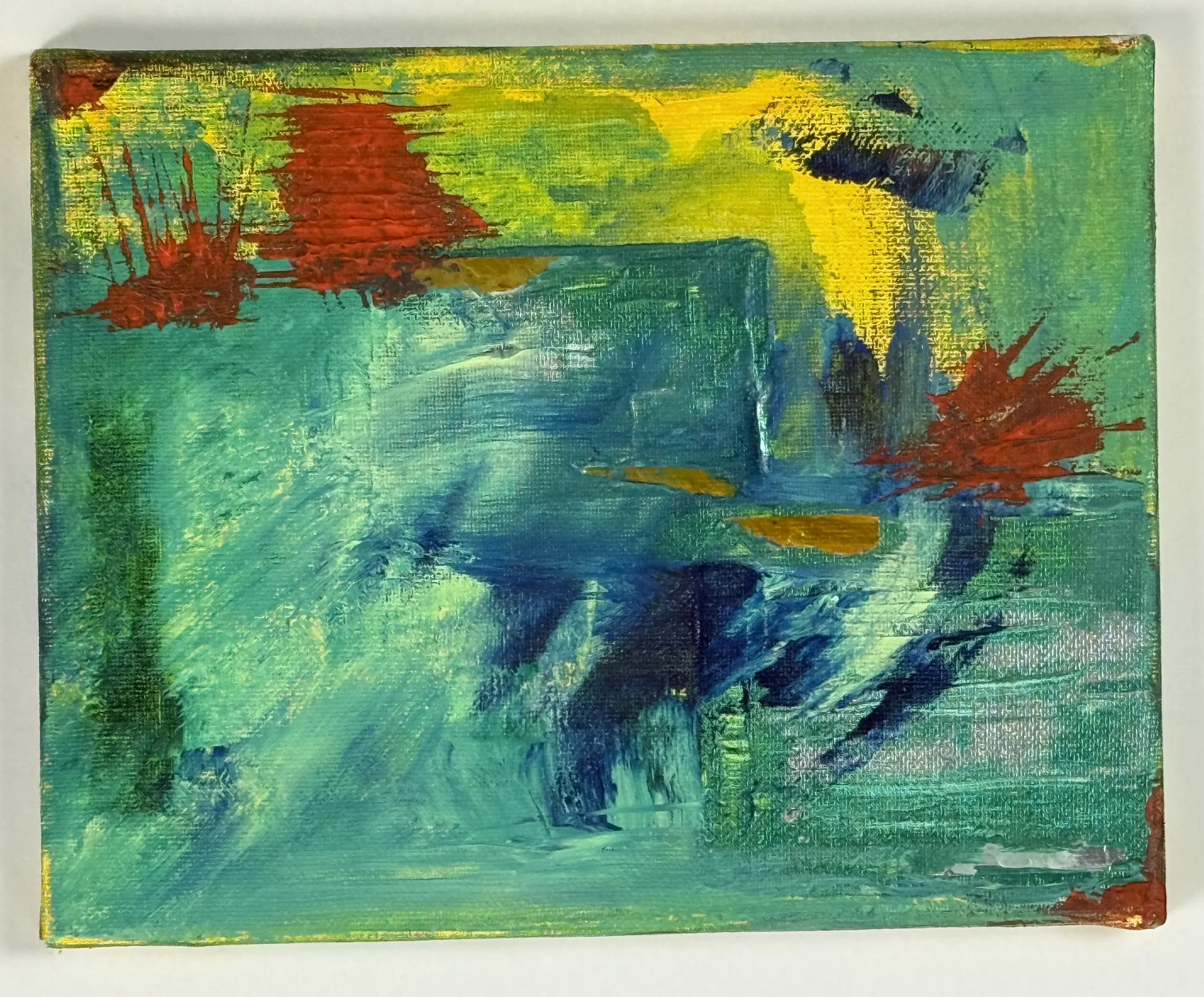 Abstract painting with strokes of green, yellow, blue, red, and black colors.