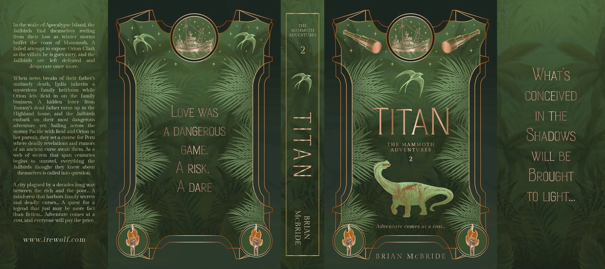 Book cover for 'Titan: The Mammoth Adventures 2' with a green jungle background, a dinosaur illustration, and text about the story involving apocalyptic islands, jailbirds, and secret quests.