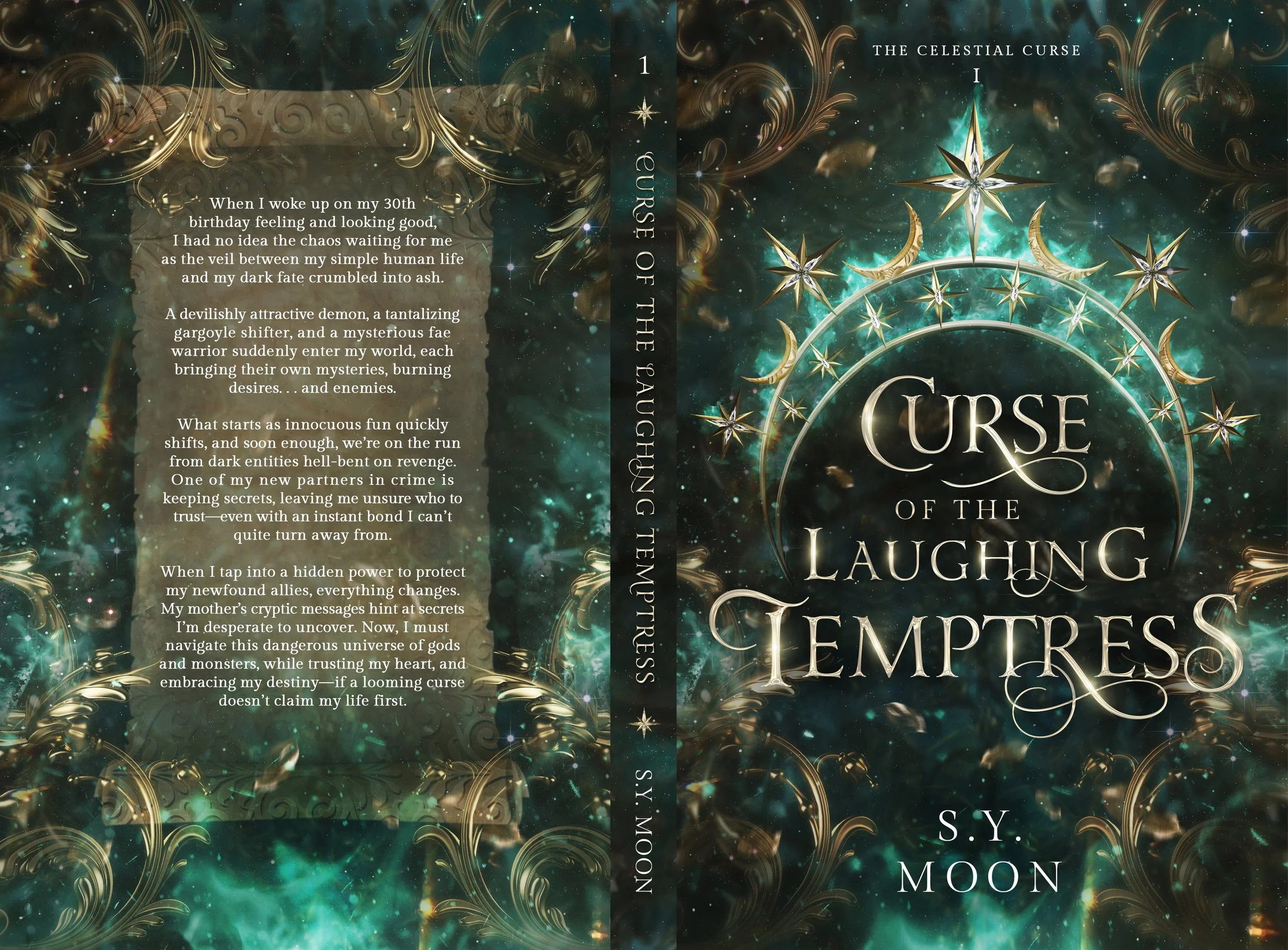 Book cover titled 'Curse of the Laughing Temptress' by S.Y. Moon, featuring a celestial theme with stars, moons, and cosmic colors.