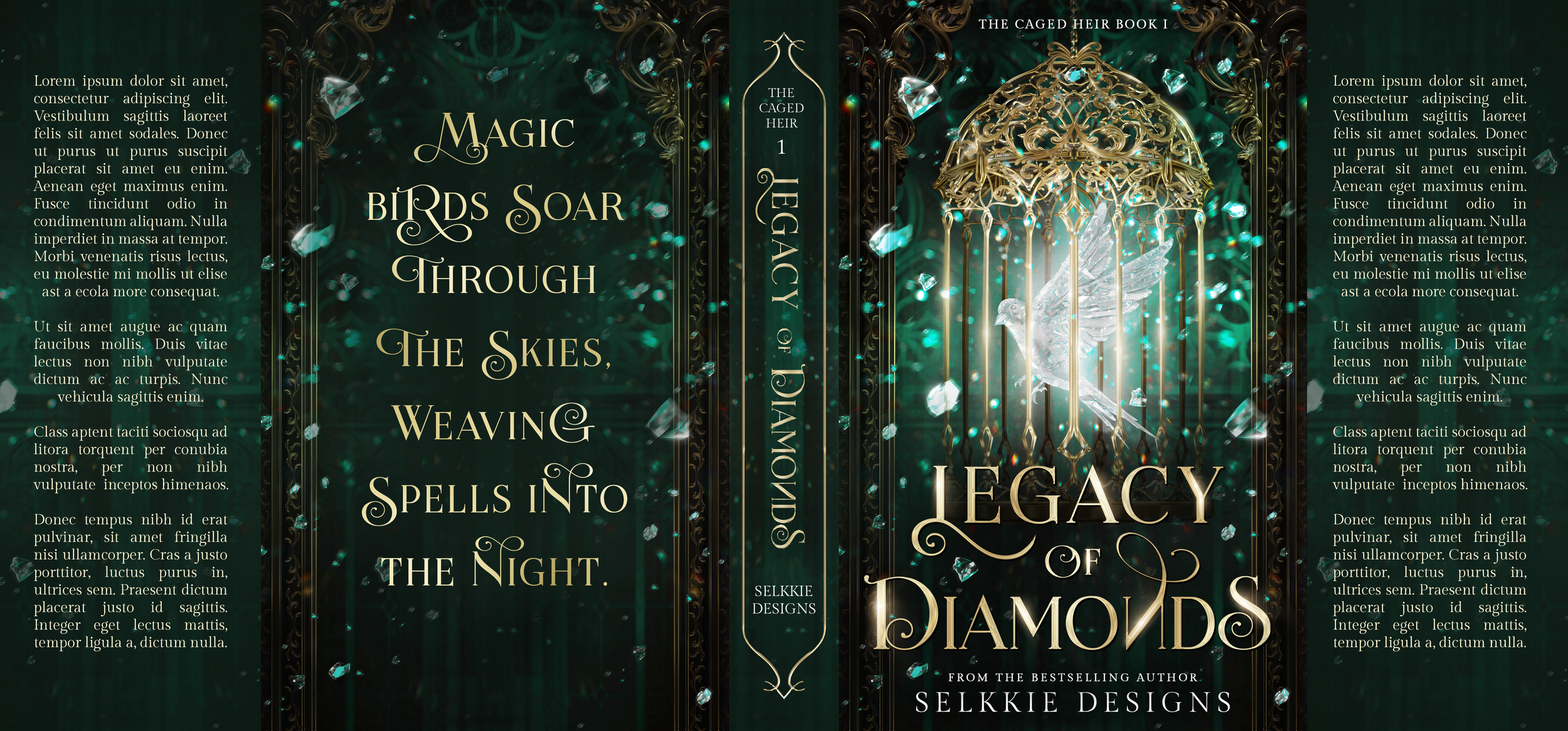 Book cover for "Legacy of Diamonds" by Selkie Designs, featuring an ornate golden cage with diamonds and a white dove inside, surrounded by floating diamonds and a dark green background.
