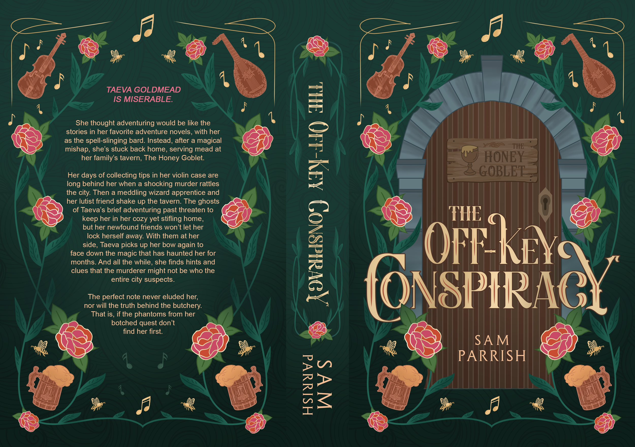 Book cover for "The Off-Key Conspiracy" by Sam Parrish, featuring a dark green background with pink roses, beer mugs, musical notes, and stringed instruments, with a wooden door and sign reading "The Honey Goblet".