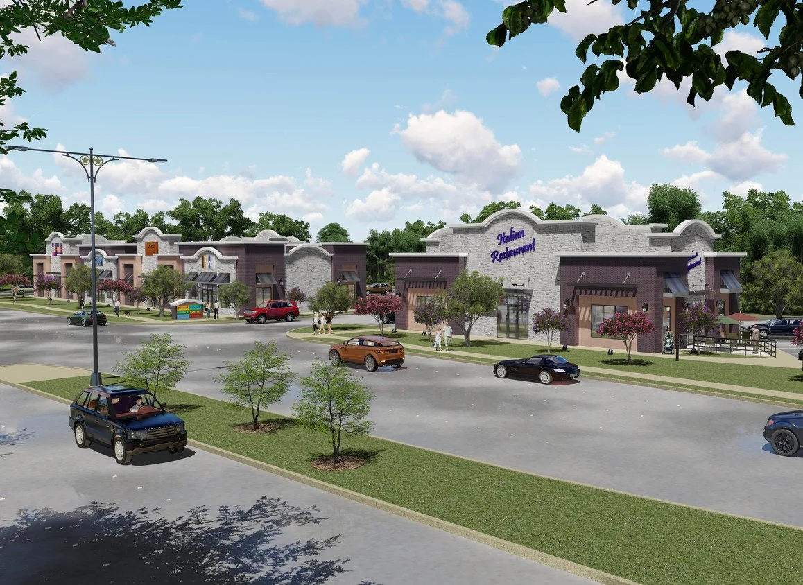 A shopping plaza with multiple storefronts, a parking lot with cars, green trees, and people walking on the sidewalk. The major store has a sign that reads 'Italian Restaurant' with a partly cloudy blue sky overhead.