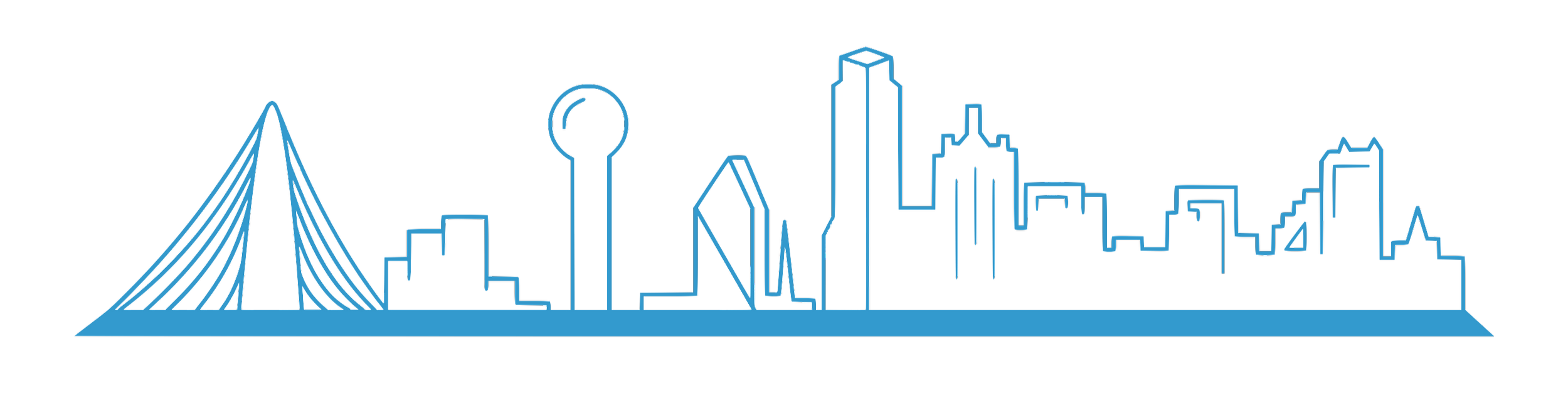 Line art illustration of the dallas texas, TX city skyline with a bridge on the left, buildings in the center, and skyscrapers on the right, in blue on a black background. Commercial Real Estate Logo