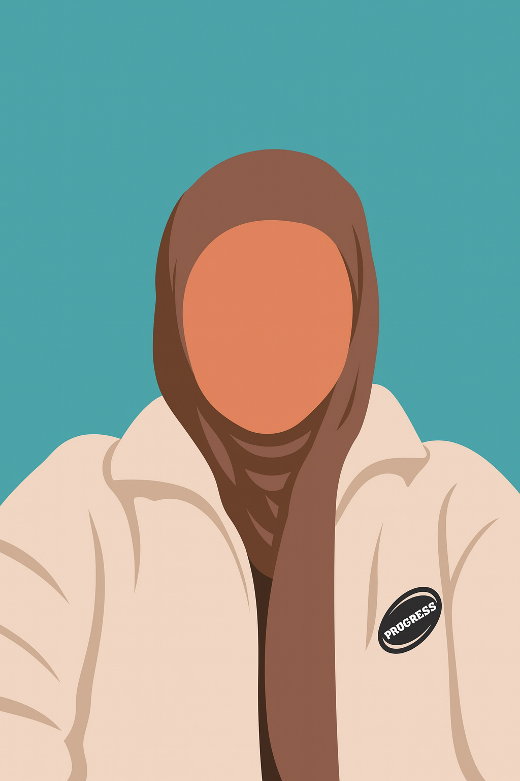 Digital illustration of a faceless woman with brown hair wearing a white jacket with a 'Progress' button pin, against a teal background.