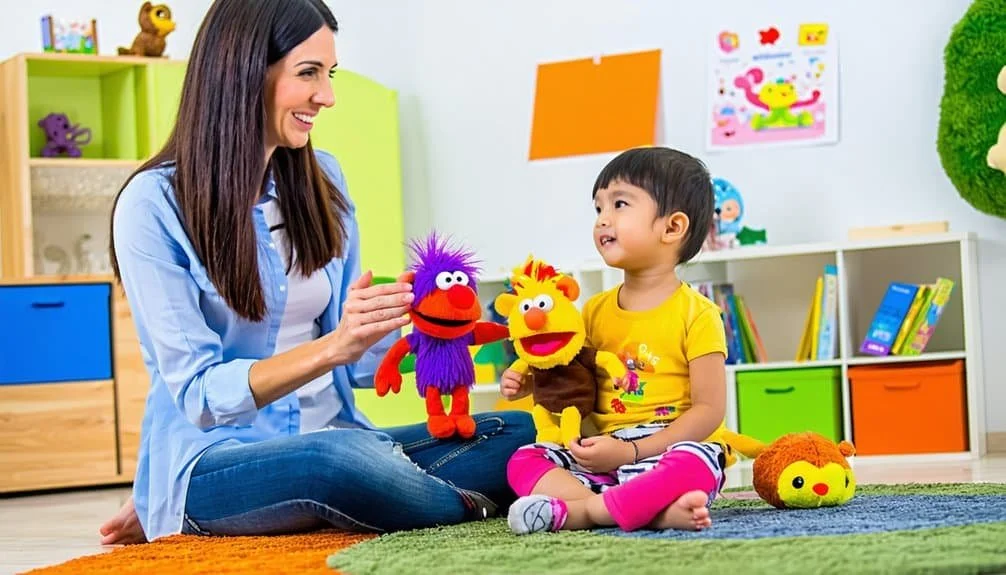 A woman and a young girl sitting on a colorful rug in a playroom, playing with plush puppet toys of Sesame Street characters, surrounded by children's books and toys.