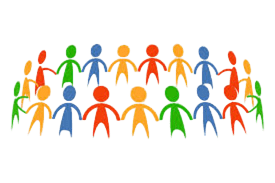 Group of diverse, colorful cartoon people holding hands in a circle
