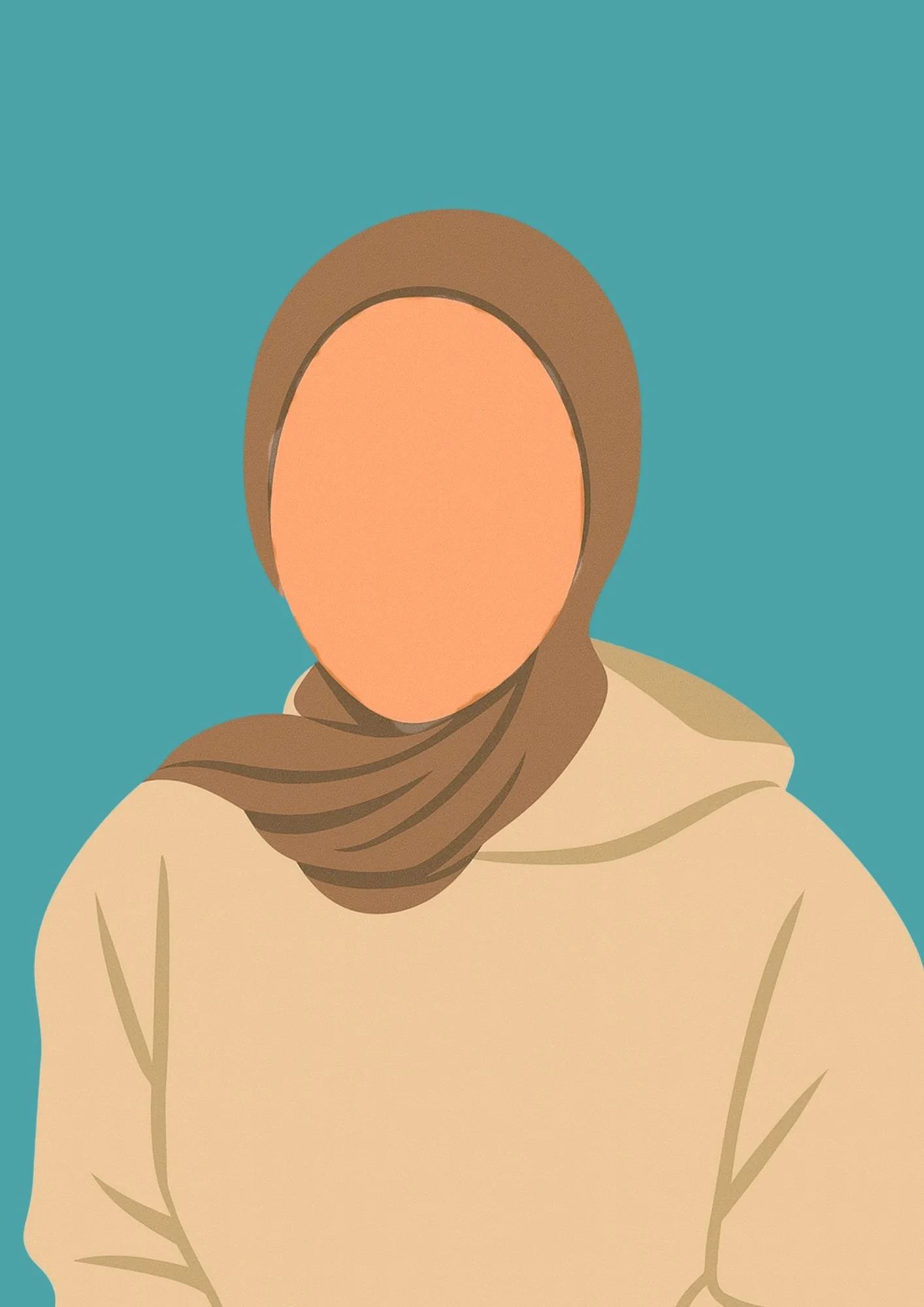 Digital illustration of a person wearing a brown hijab and beige top, with no facial features, against a solid teal background.