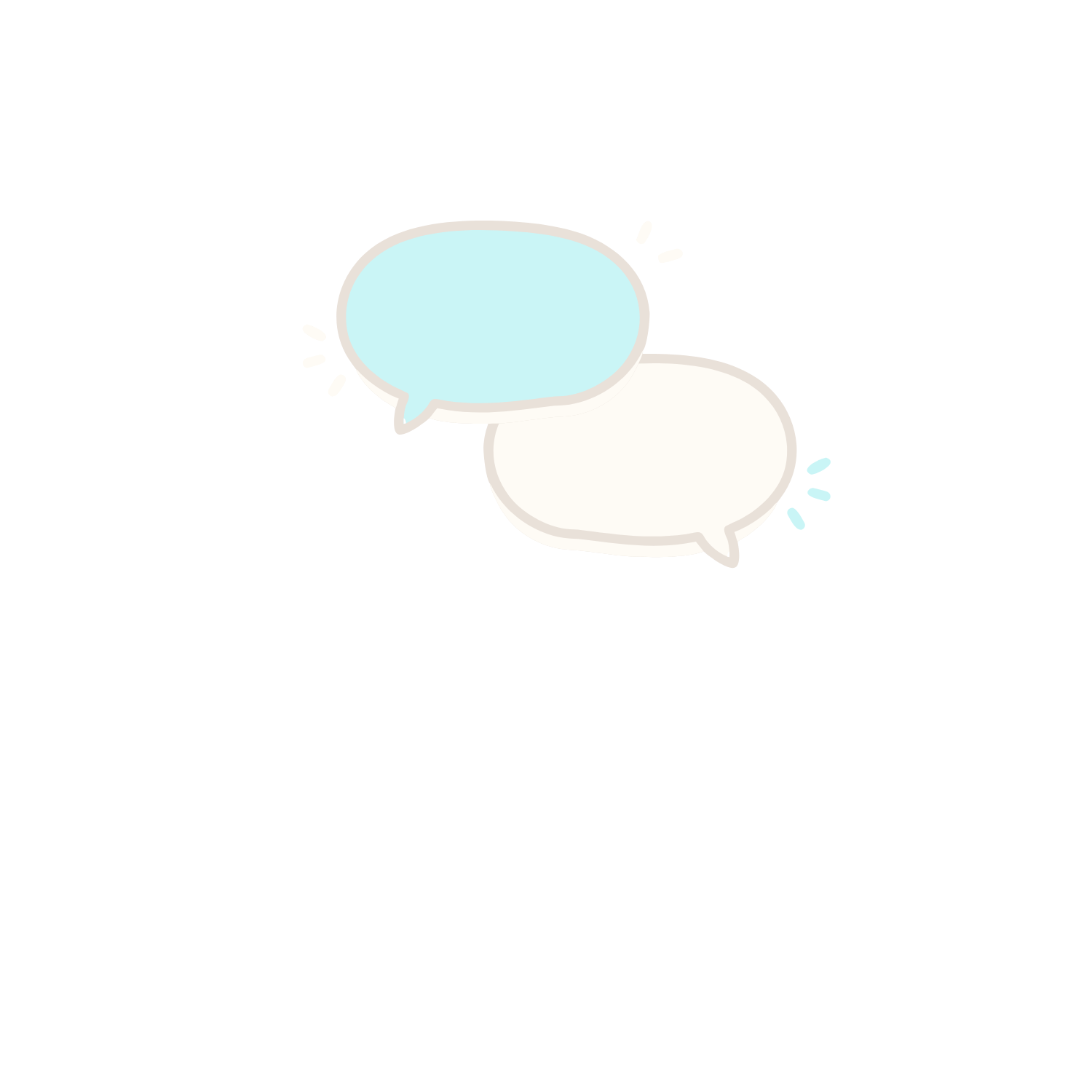 Two speech bubble icons, one blue and one white, overlapping with small lines indicating speech or conversation.
