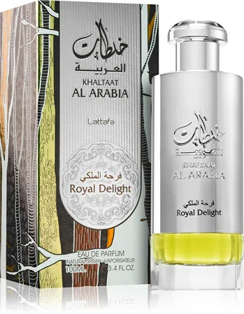 A perfume bottle and box labeled Khaltaan Al Arabia Royal Delight with Arabic and English text, and an image of a cityscape in the background.