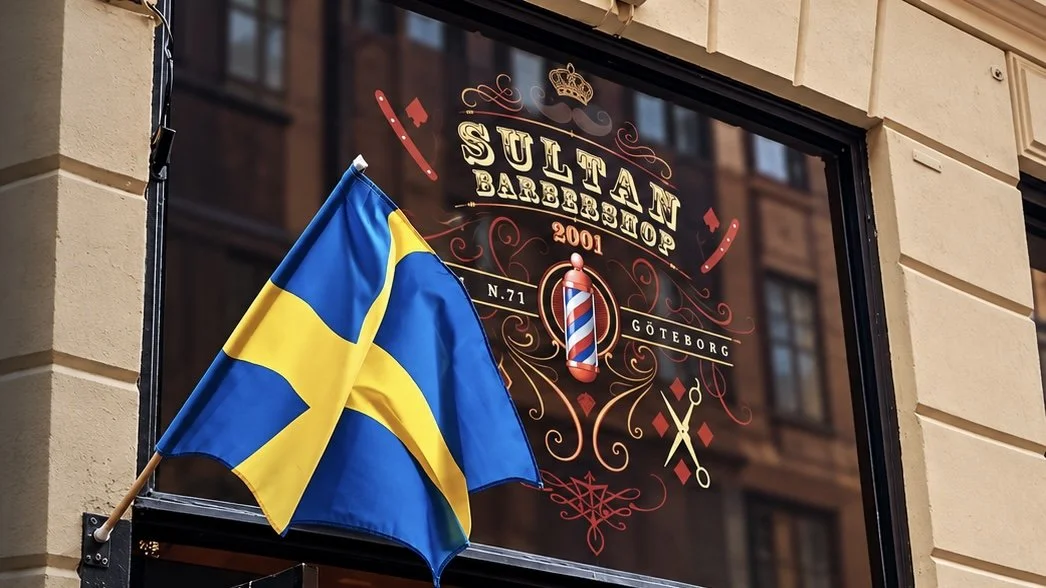 Storefront window with a sign for Sultan Barbershop, established in 2001, located in Gothenburg, Sweden. Blue and yellow Swedish flag hanging outside.