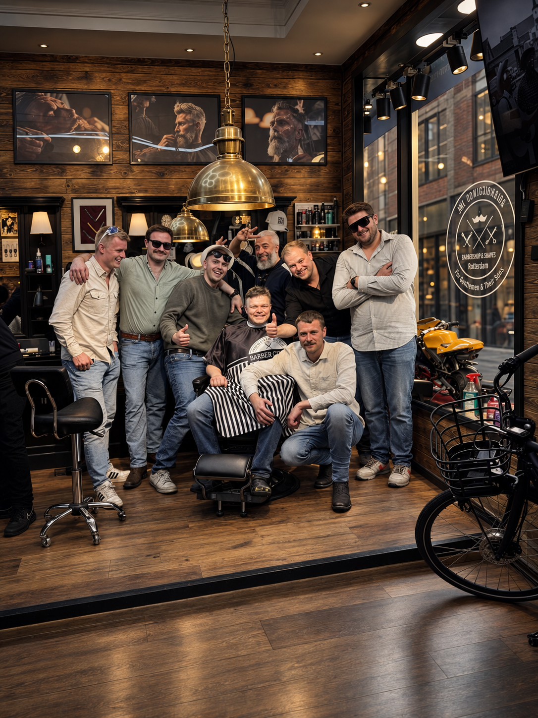 A group of men smiling and posing inside a barbershop, with a man in a barber chair at the center. The barbershop has wooden walls, framed photographs, and a large window showing city buildings outside.