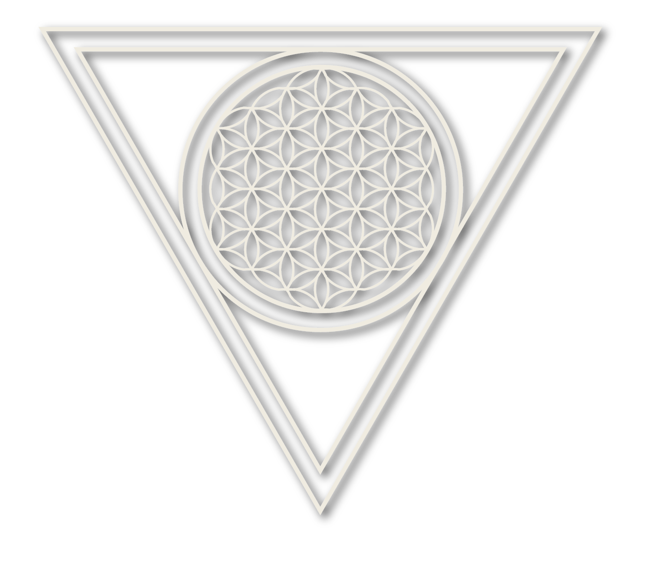 A geometric design featuring an inverted triangle with three concentric outline layers, containing a circle at the center filled with a pattern of interlocking circles forming a flower of life pattern.