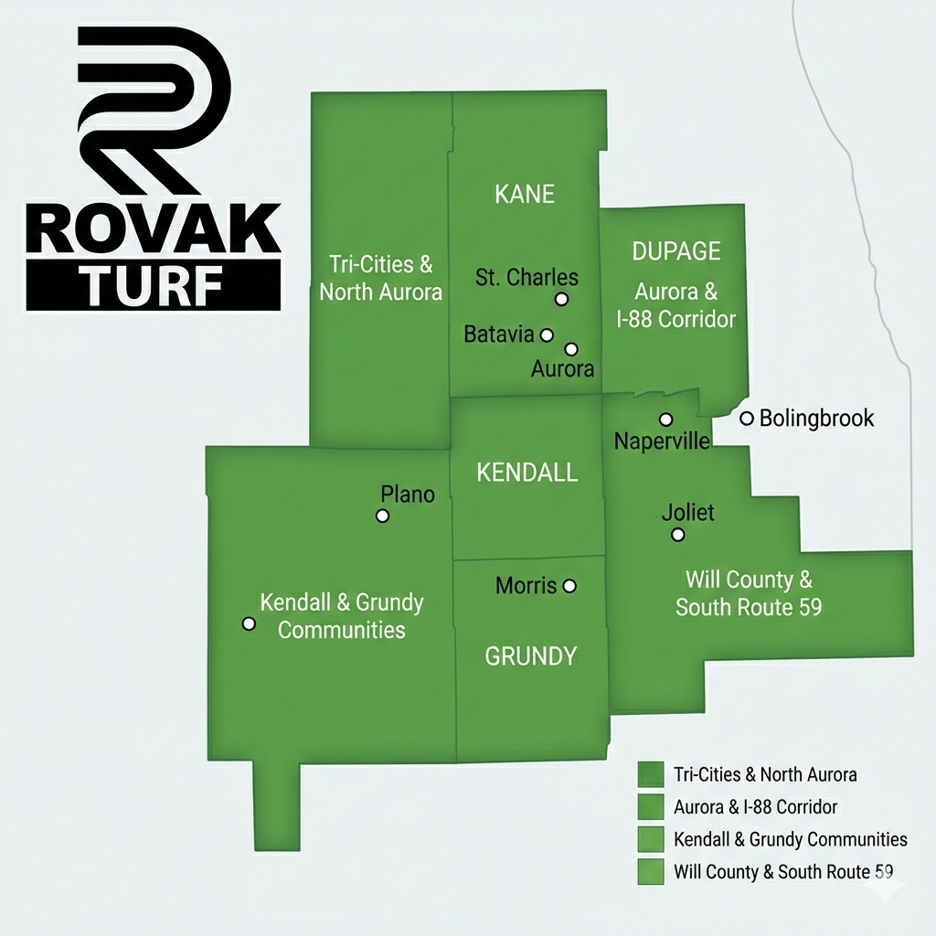 Rovak Turf lawn care service area map covering the Fox Valley, including Aurora, Joliet, St. Charles, and surrounding communities in Kendall and Will counties.