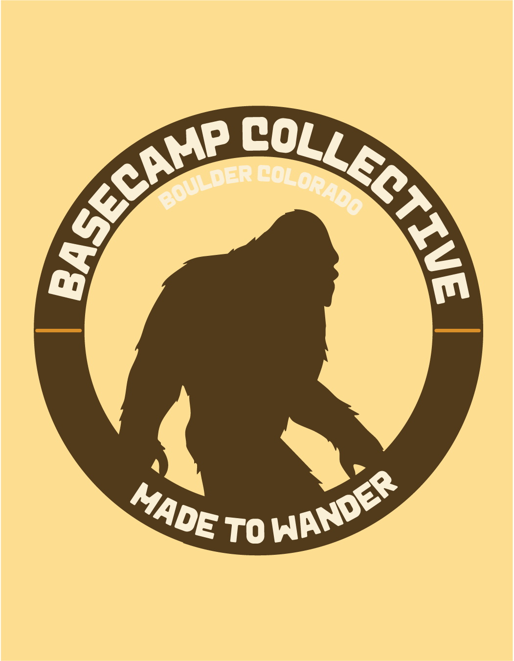 Logo for Basecamp Collective featuring a silhouette of a Bigfoot-like creature against a yellow background with text indicating Boulder, Colorado, and notes that it is made to wander.