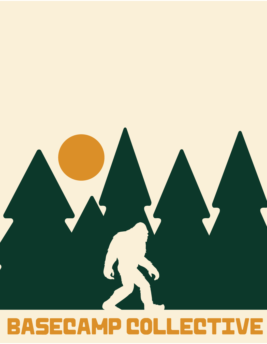 Silhouette of a Bigfoot or sasquatch walking in front of pine trees during sunset, with the text 'BASECAMP COLLECTIVE' at the bottom.
