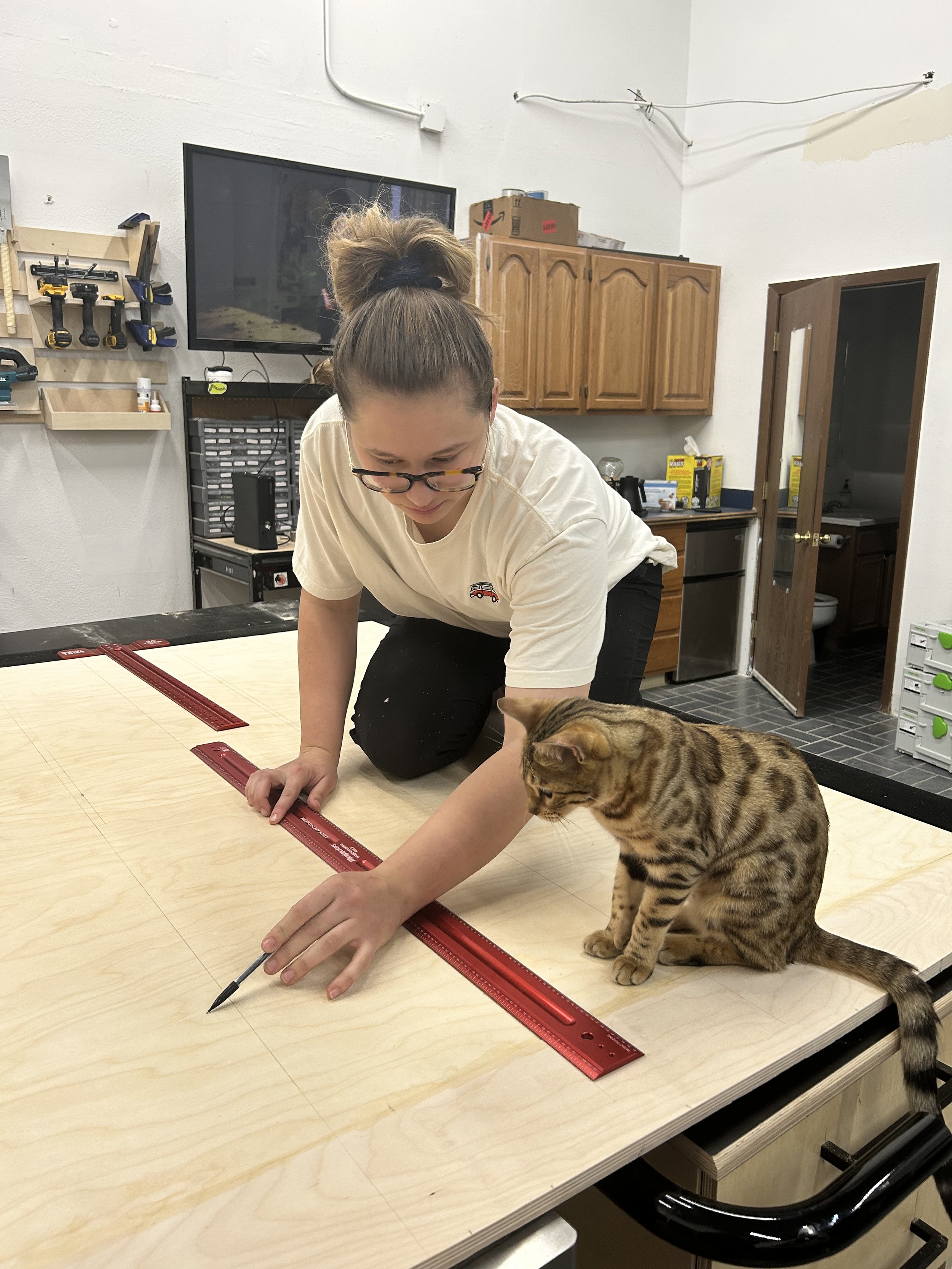 A woman is measuring and marking a large piece of plywood on a work table, with a Bengal cat sitting nearby watching her. The workspace has tools, cabinets, and a monitor in the background.