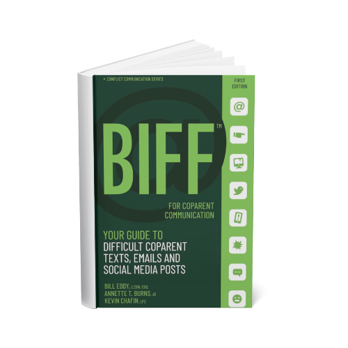Book titled BIFF for coparent communication, with icons of email, social media, and messaging on the cover.