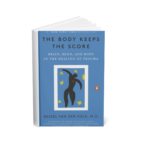 Open book titled 'The Body Keeps the Score' by Bessel Van Der Kolk, M.D., with a blue cover and illustration of a human figure surrounded by yellow stars.