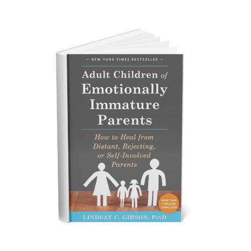 Book titled "Adult Children of Emotionally Immature Parents" by Lindsay C. Gibson, PsyD, with a gray cover, featuring an illustration of two adults and two children holding hands.