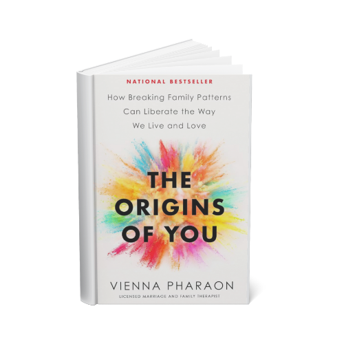 A book titled "The Origins of You" by Vienna Phaaron, with a white cover featuring colorful paint splashes and subtitle text.