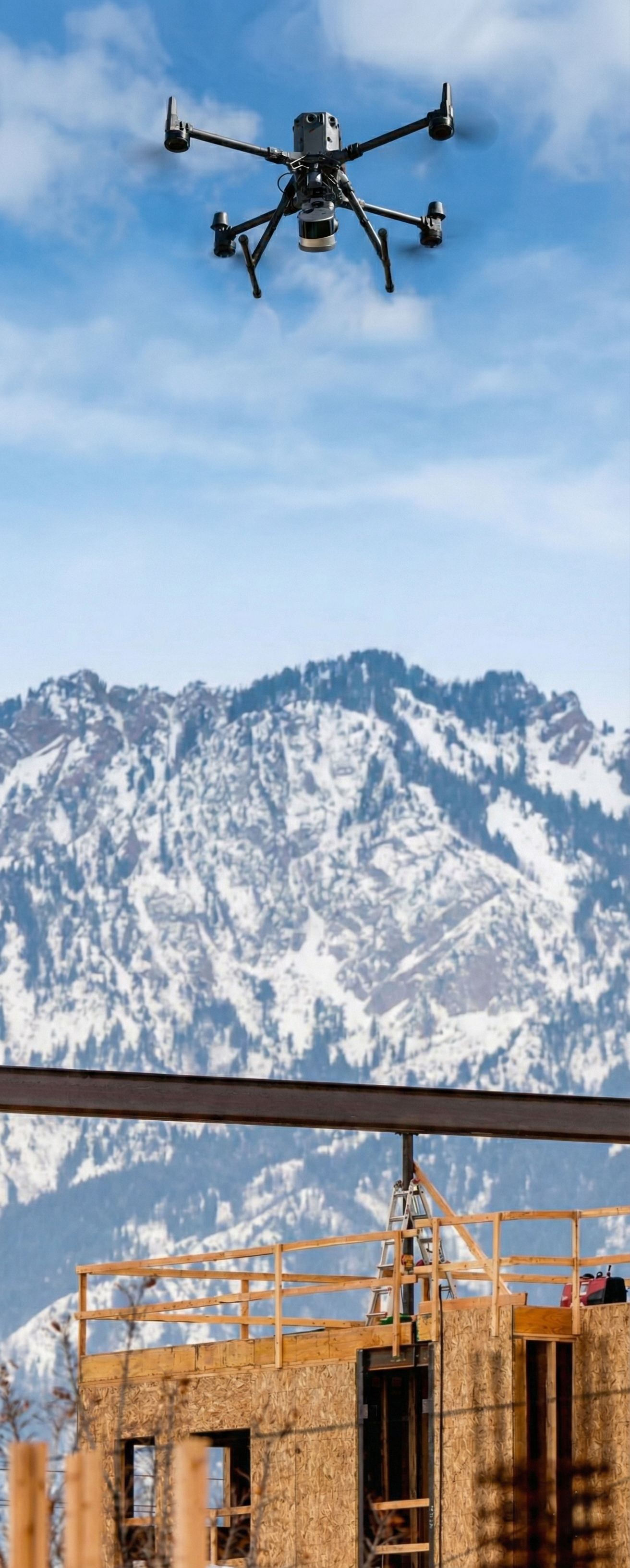Commercial drone equipped with an XGRIDS L2 Pro flying over an active construction site in Salt Lake City, Utah, capturing high‑accuracy SLAM and RTK‑aligned spatial data for 3D mapping and digital‑twin deliverables.