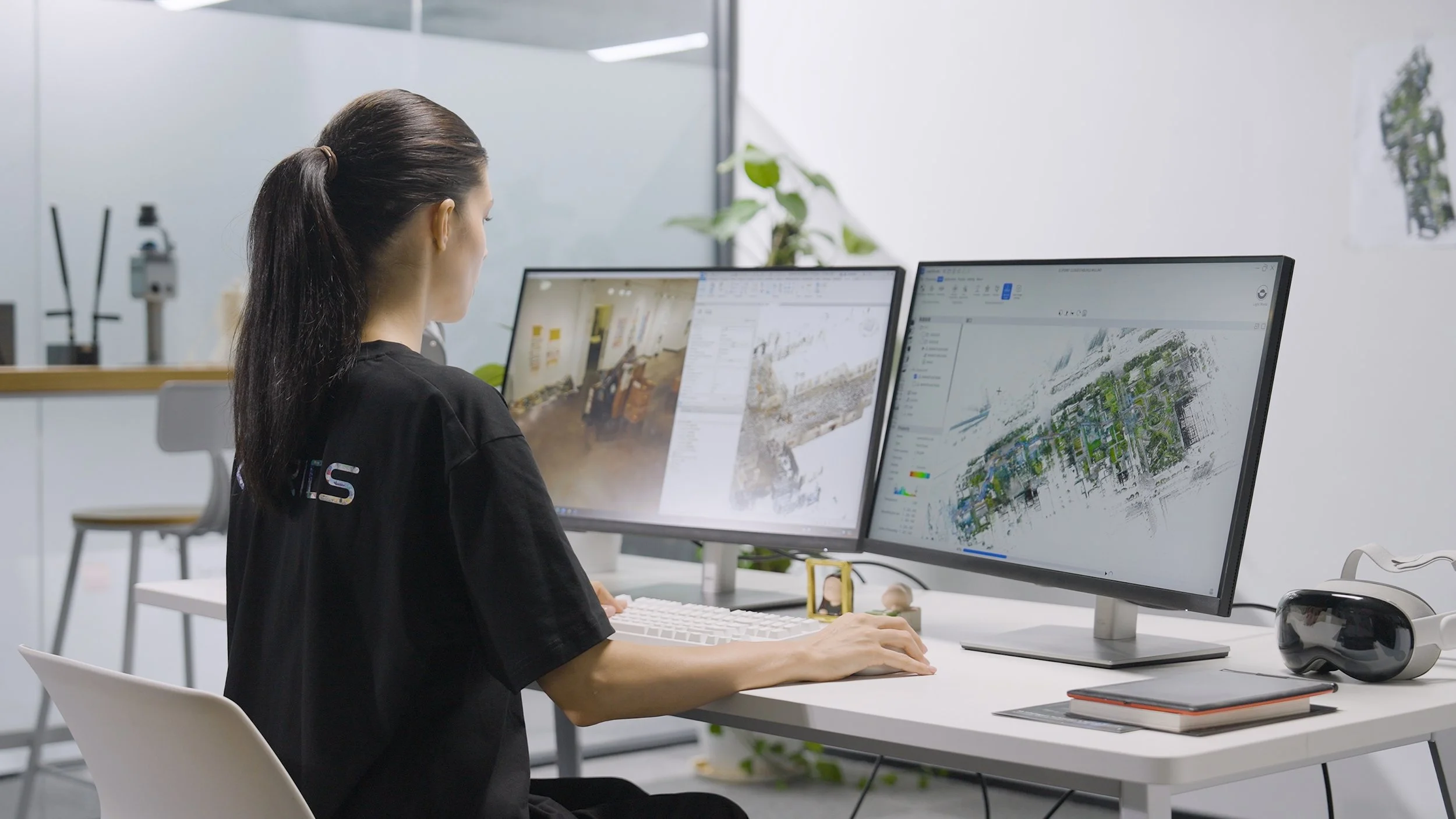 Technician reviewing Lixel SLAM trajectories and processing point‑cloud data on a dual‑monitor workstation.
