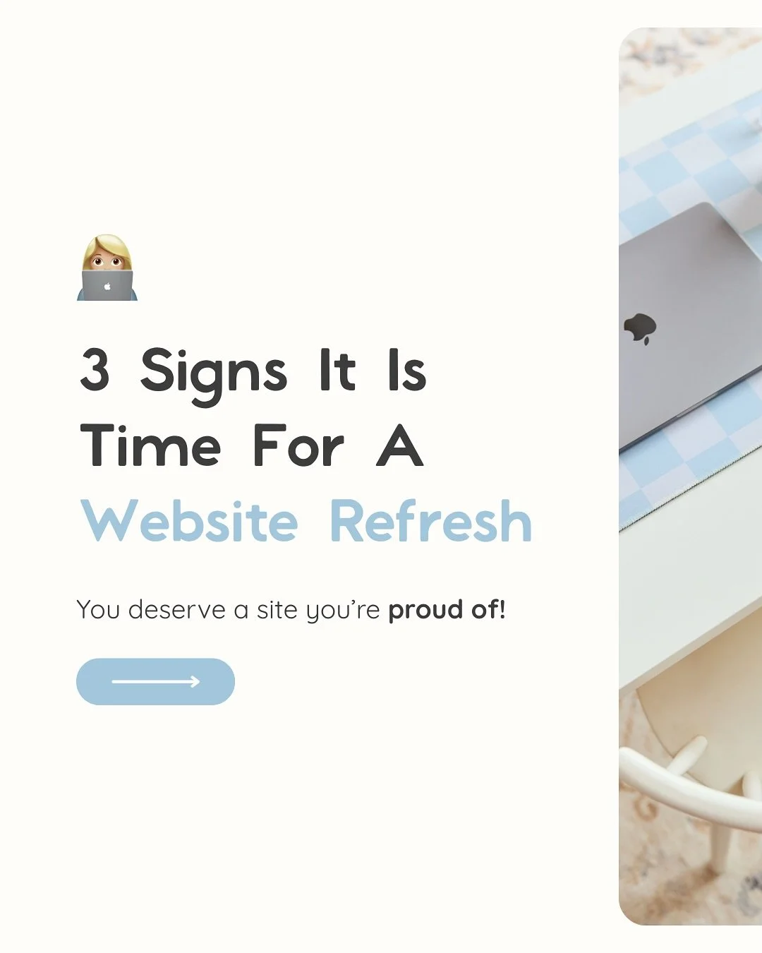 A popular question from business owners... is it time for a website refresh? Businesses naturally evolve and change, and your website should keep up! Here are my 3 points ☁️💡

Interested in chatting about a website refresh? Send a message to get the