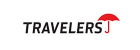 Travelers insurance logo with black text and a red umbrella icon