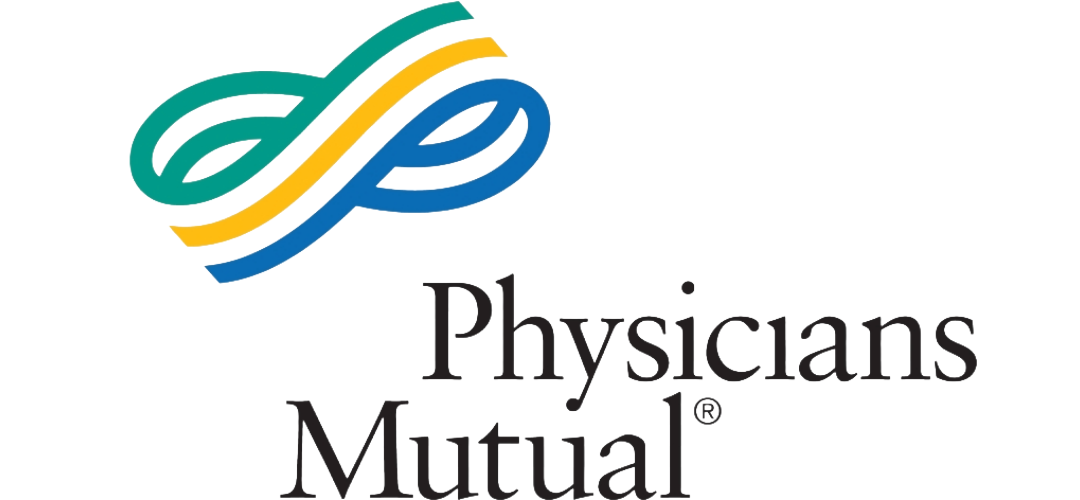 Physicians Mutual logo with stylized infinity symbol in green, yellow, and blue above the company name.