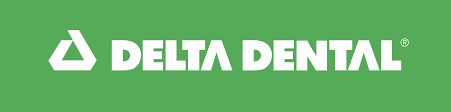 Delta Dental logo with white text and a dental triangle symbol on a green background.